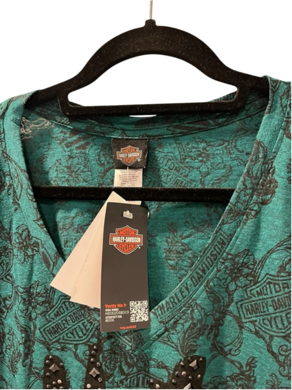 NWT Harley Davidson Skull Women 2X Burned Identity Studded V-Neck Tee Teal Green - Picture 2 of 11